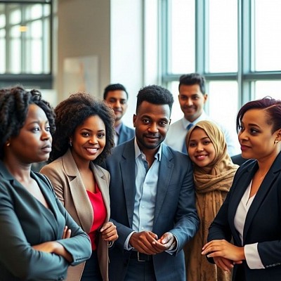 Diverse professionals working together in a collaborative, international setting